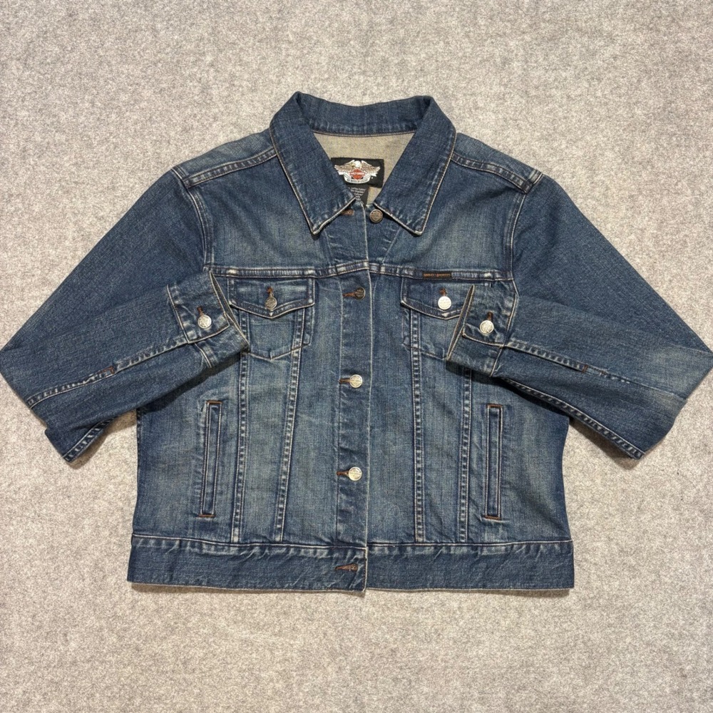 Harley-Davidson Women XL Blue Denim Trucker Jacket V-Twin Power Embroidered Logo